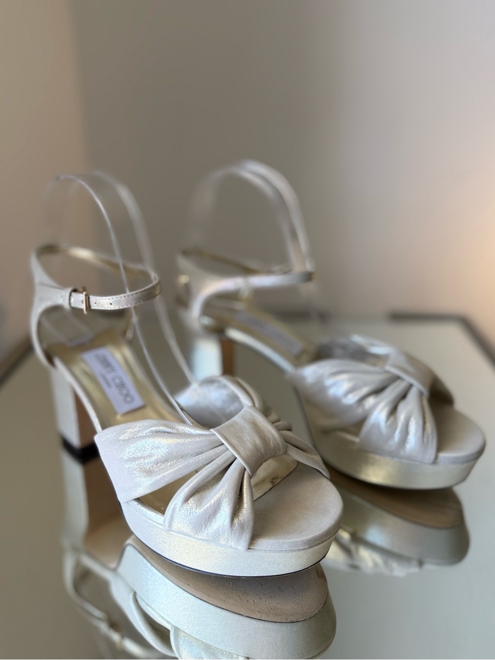 Like new Jimmy Choo Women’s Heloise 80 Shimmer Suede Platform Sandals $1,050 - Picture 5 of 16